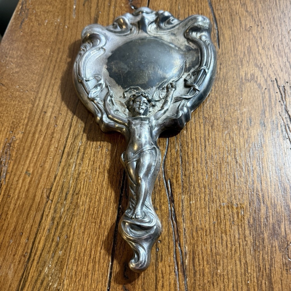Antique Art Nouveau Silverplate Beveled Hand Mirror, Cupid & Arrow, 1904 Derby